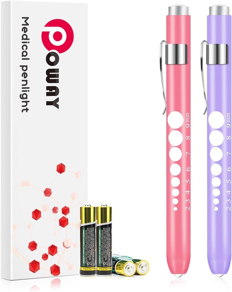 Opoway Nursing Penlight with Pupil Gauge 2 Pack LED Medical Pen Lights for Nurses Doctors EMTs Pen Light Medical LED Penlights for Nurse Pink and Purple with 4 Batteries White Light - Image 1